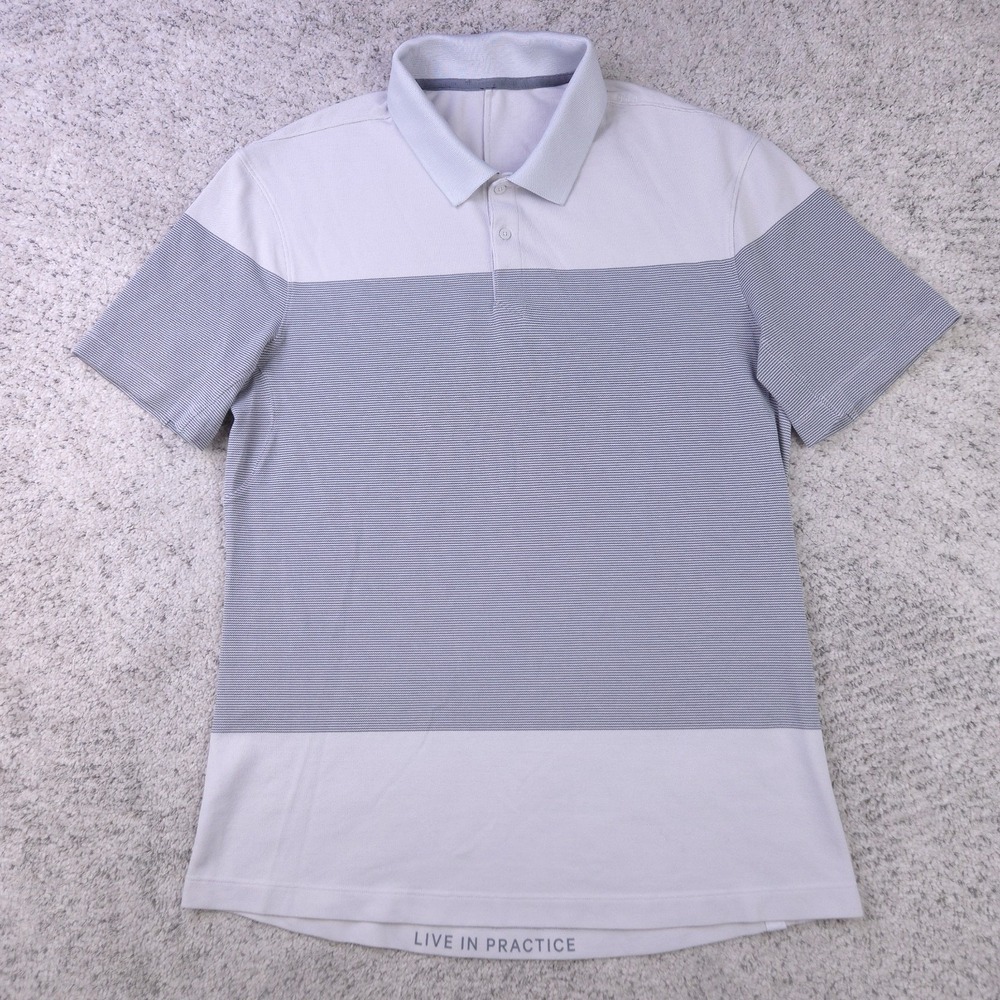 Lululemon Polo Shirt Mens Medium Tech‎ Pique Striped Short Sleeve Gray Knit GUC